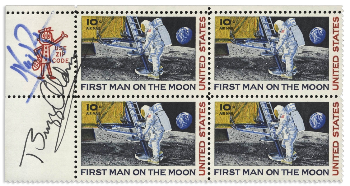Neil Armstrong and Buzz Aldrin Signed Block of C76 ''First Man on the Moon'' Stamps, Issued in 1969 -- With JSA COA